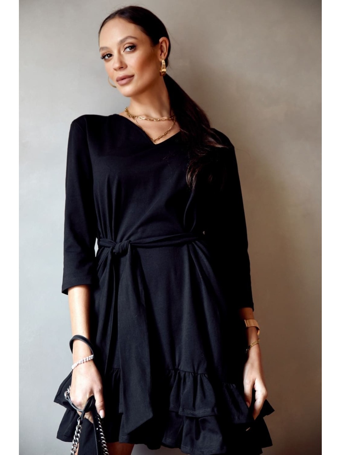 Smooth dress with ruffles and a belt, black FK614 - Online store - Boutique